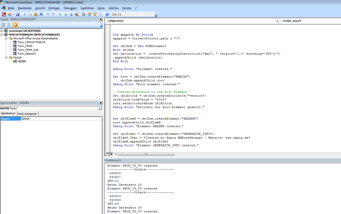 Sourcecode des Exportmoduls